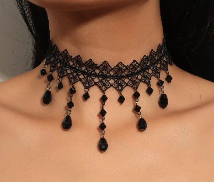 Black lace and bead drops choker necklace