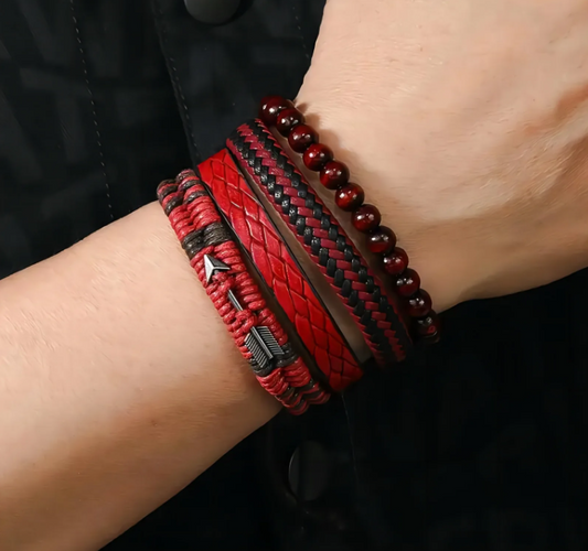 Leather rope and wooden bead stacking wristband set