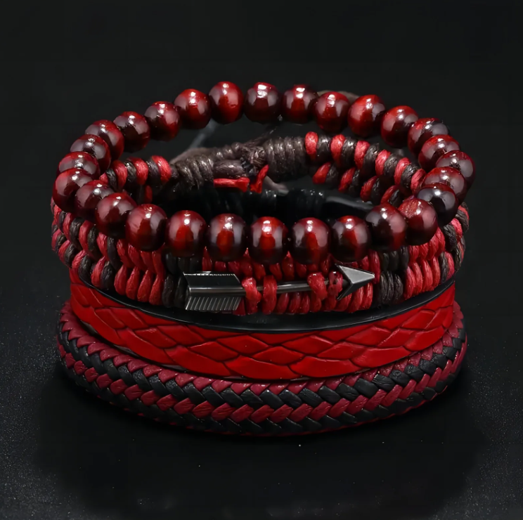 Leather rope and wooden bead stacking wristband set