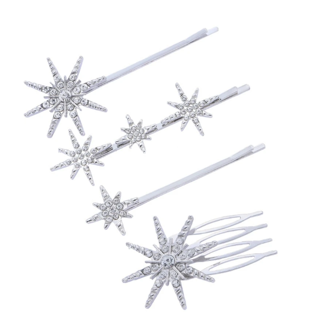 Celestial Star rhinestone silver gold bridal party hair updo clip slide four piece set