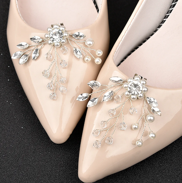 Wedding bridal shoe rhinestone and faux pearl shoe clip pair