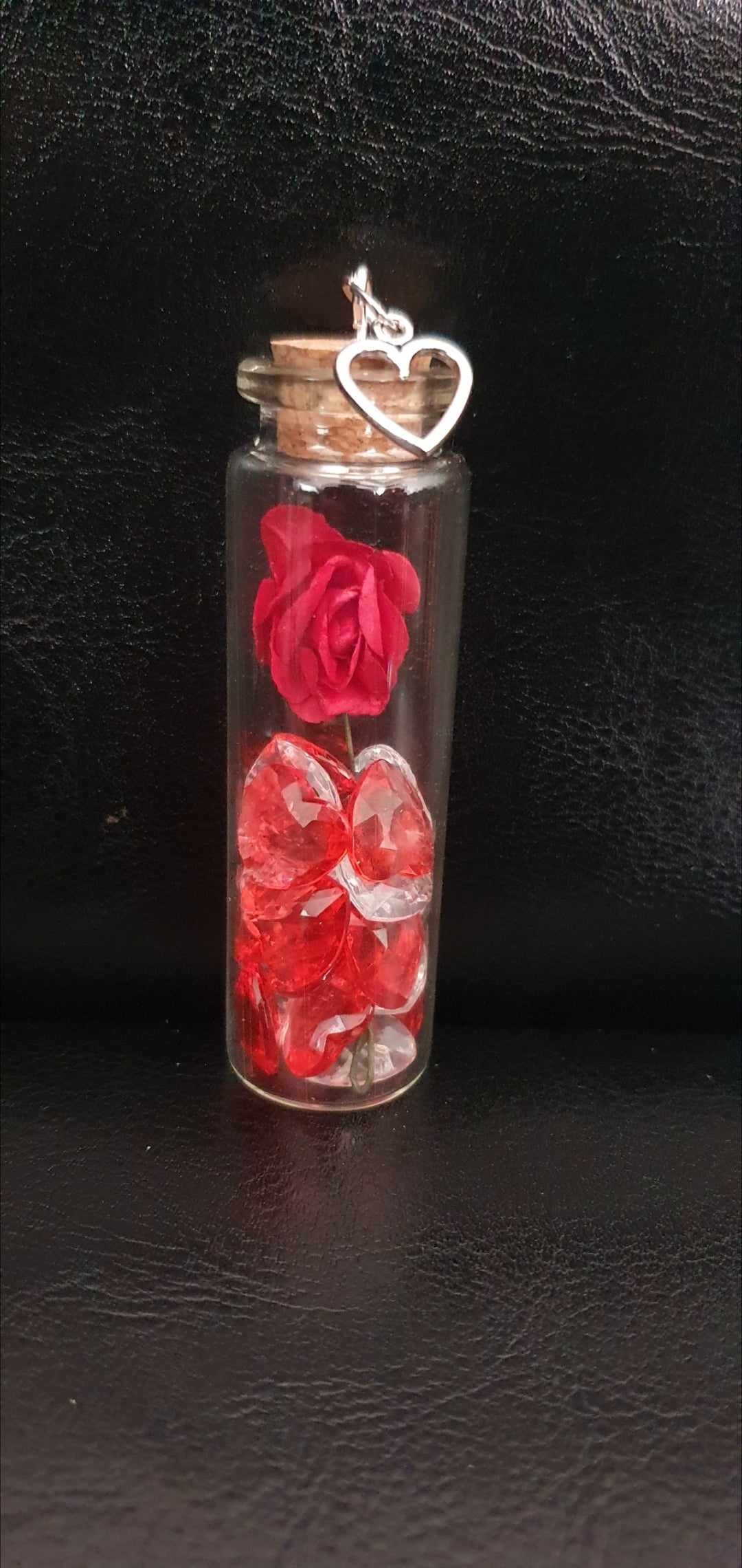 Rose and heart crystal bead glass potion bottle with heart charm