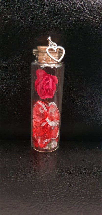 Rose and heart crystal bead glass potion bottle with heart charm