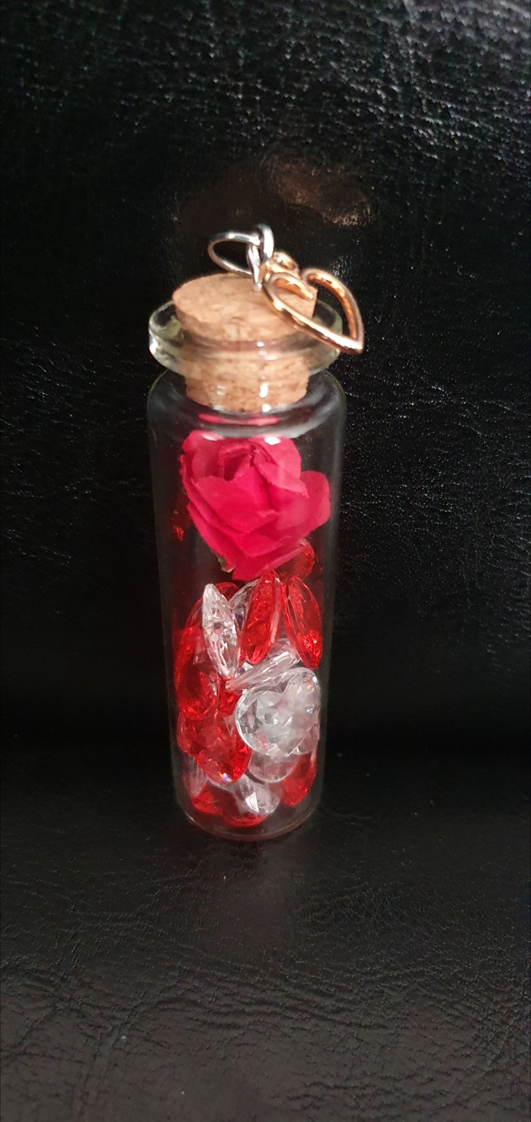 Rose and heart crystal bead glass potion bottle with heart charm