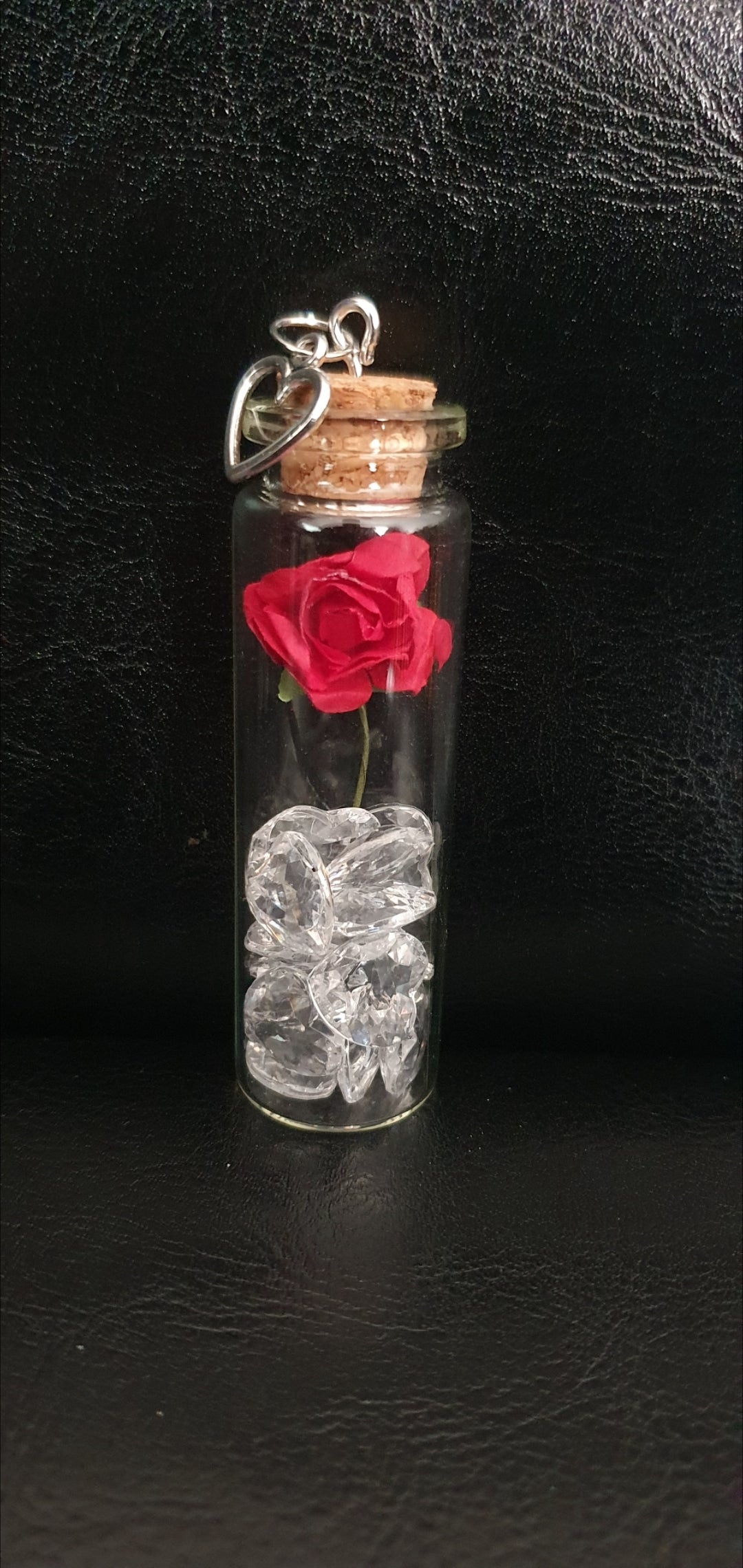 Rose and heart crystal bead glass potion bottle with heart charm