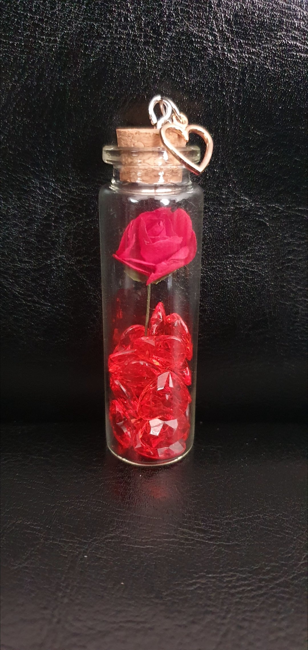 Rose and heart crystal bead glass potion bottle with heart charm