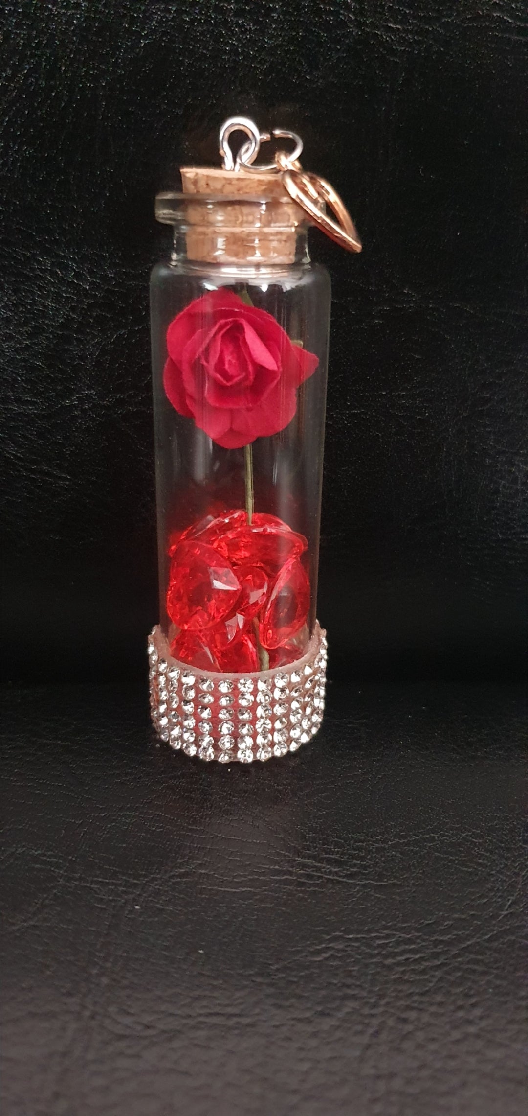 Rose and heart crystal bead glass potion bottle with heart charm