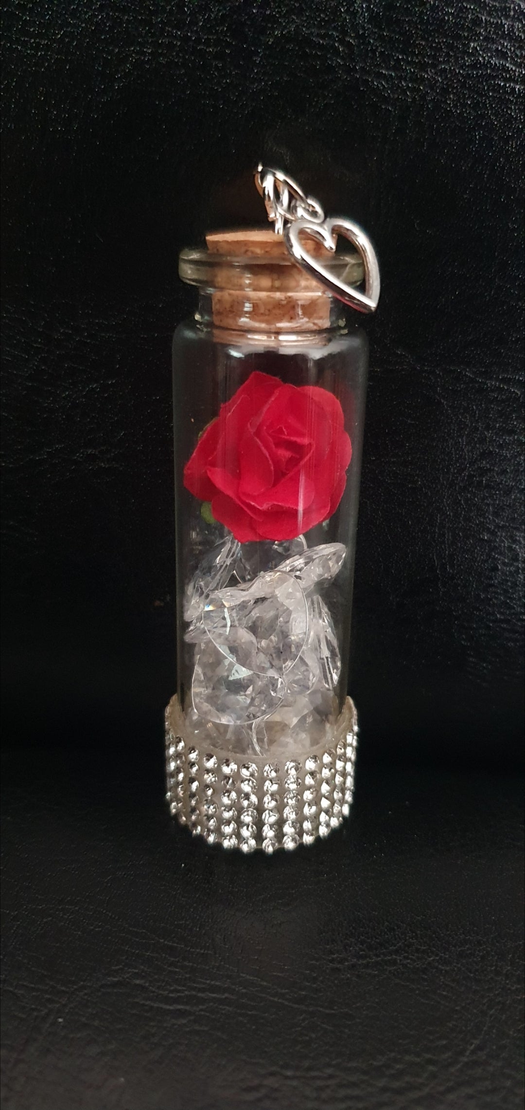 Rose and heart crystal bead glass potion bottle with heart charm