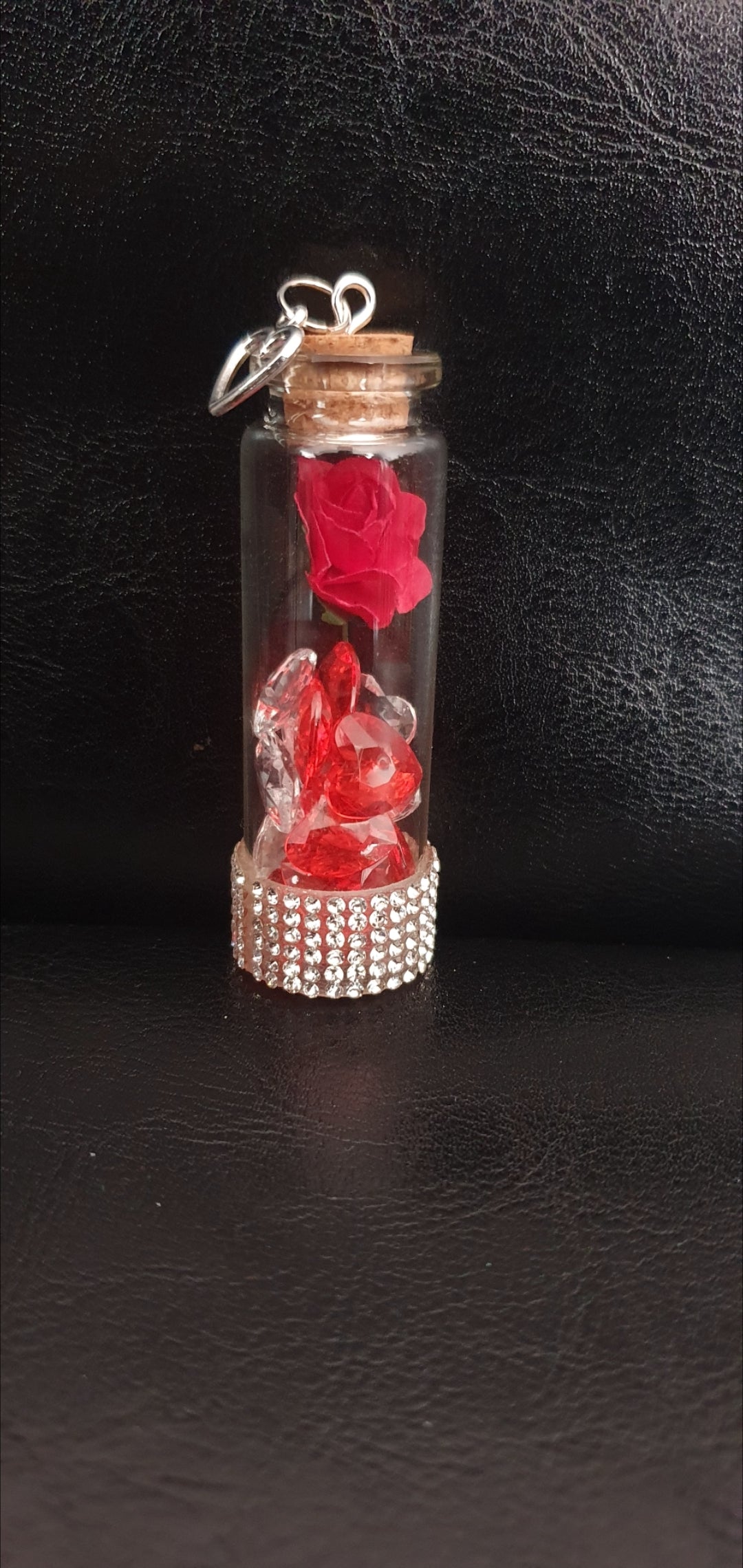 Rose and heart crystal bead glass potion bottle with heart charm