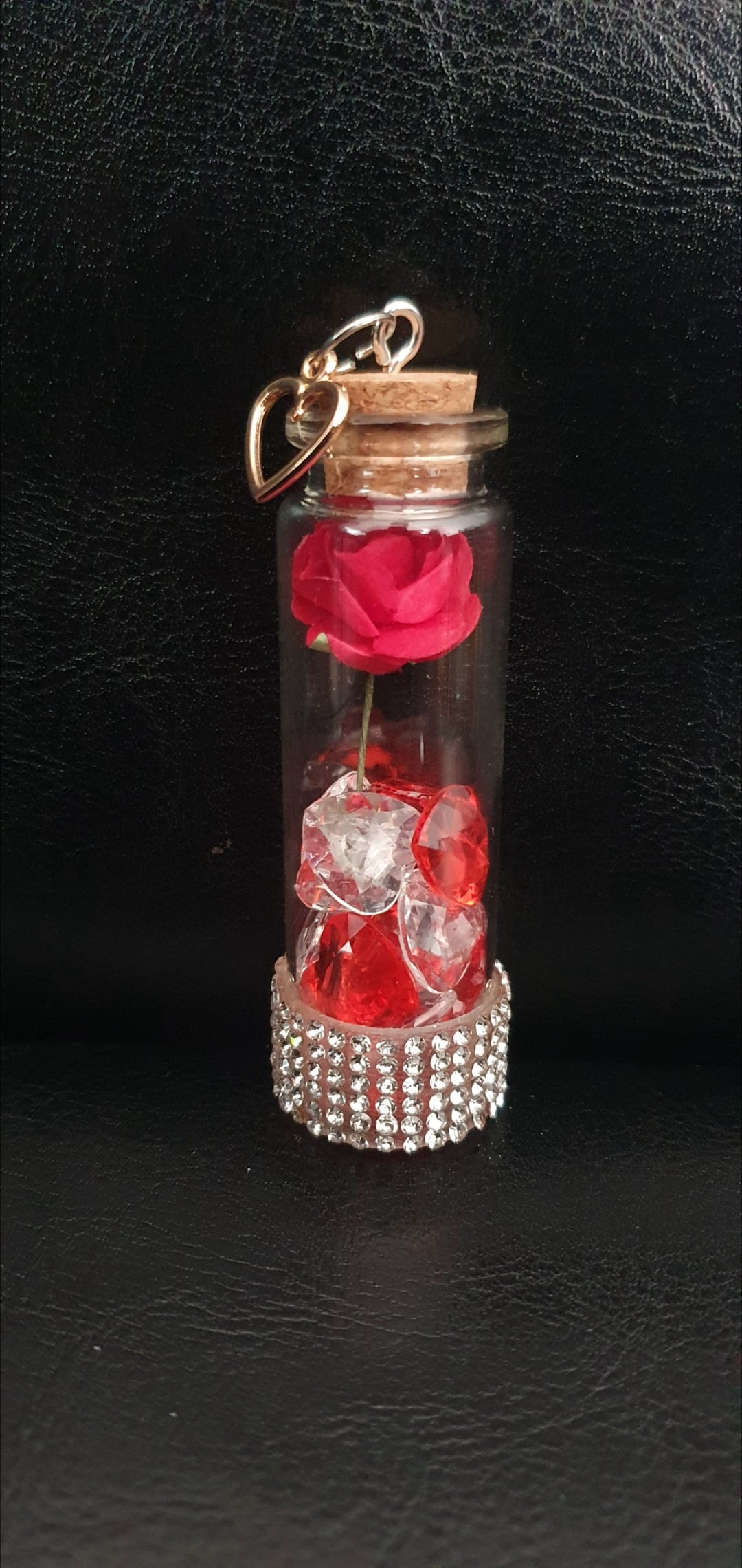 Rose and heart crystal bead glass potion bottle with heart charm