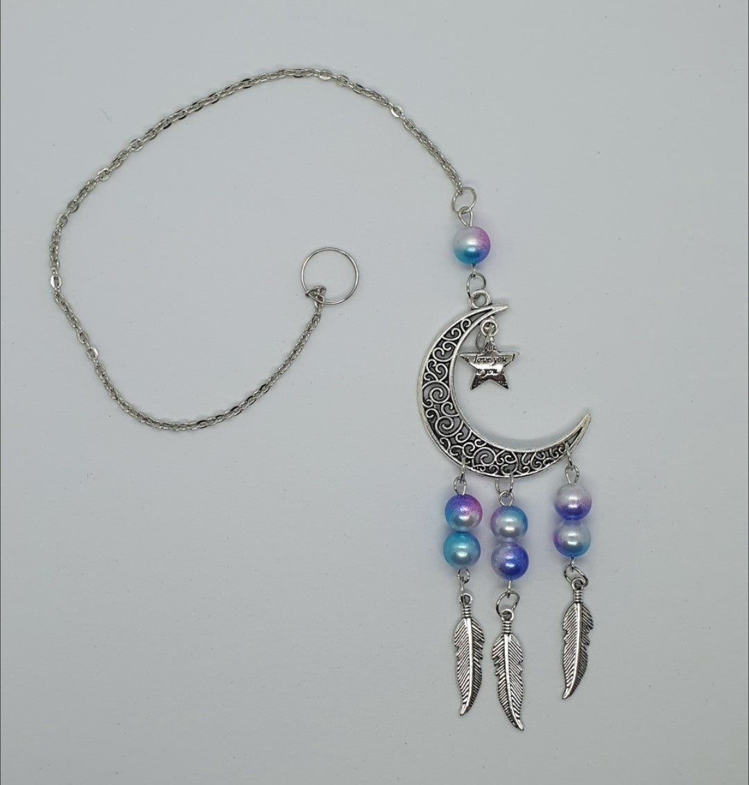 Moon and star love you hanging ornament with beads and feather detail