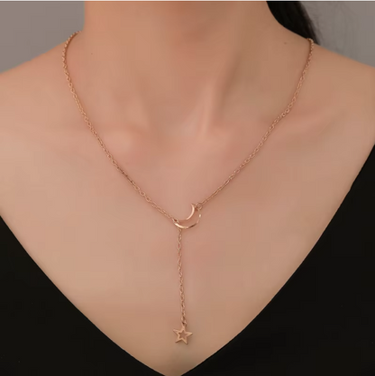 Celestial Drop Necklace – Silver Crescent Moon and Star Charm