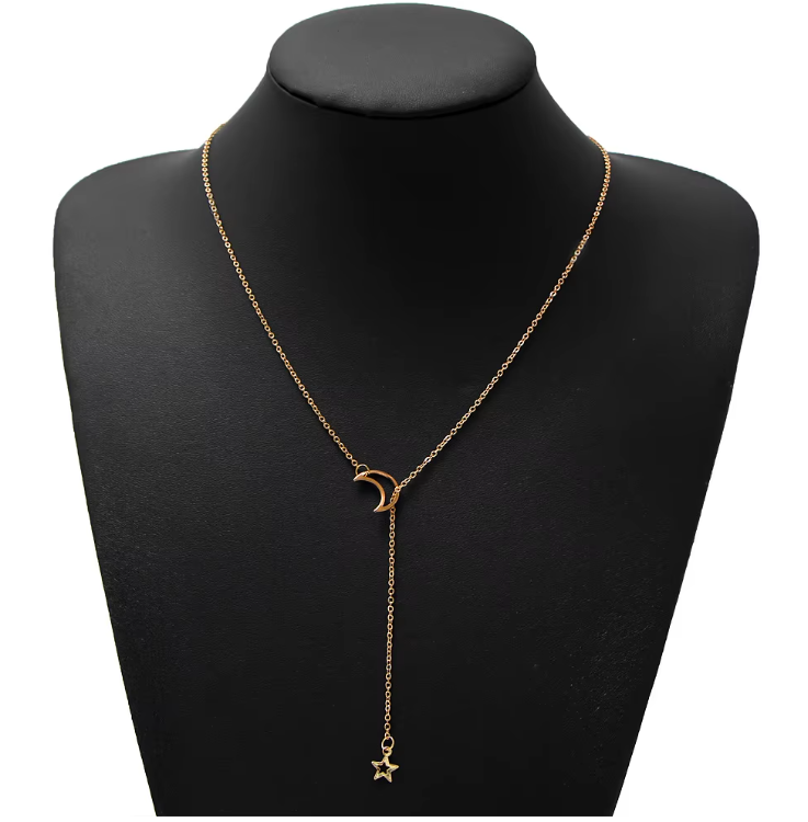 Celestial Drop Necklace – Silver Crescent Moon and Star Charm