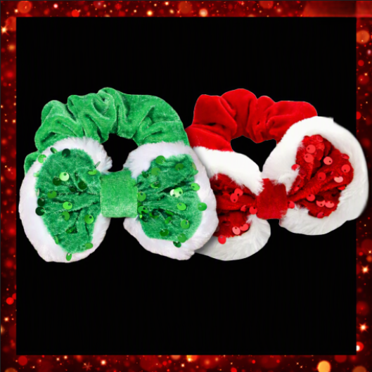 Green and red velvet hair scrunchie bobble with a red or green sequined bow with white fur trim
