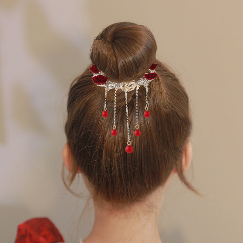 Red material rose, chain red bead and rhinestone hair claw for buns/ponytails