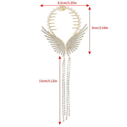 Angel wings hair bun clip claw with crystal rhinestones and pearl beads