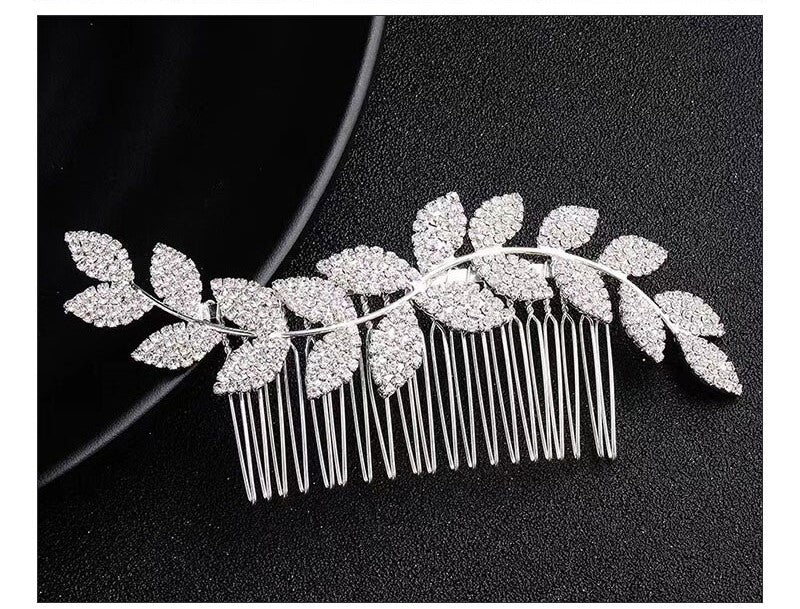 Crystal hair side wedding hair comb with leaf design