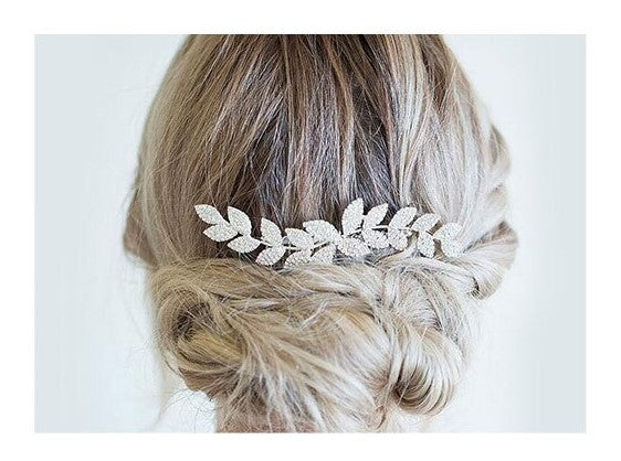 Crystal hair side wedding hair comb with leaf design