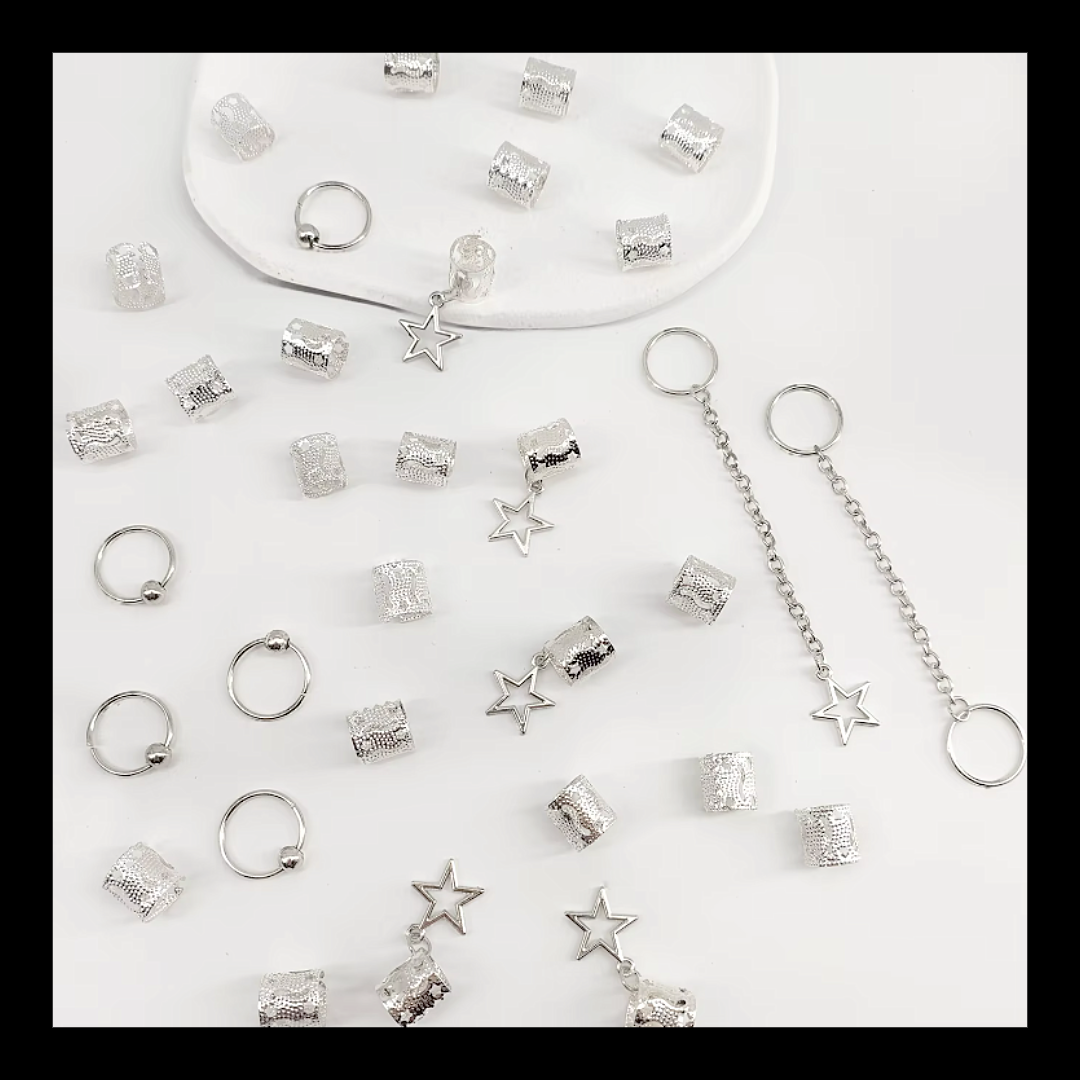 32pcs Silver Star Dreadlock & Braid Cuff Set – Celestial Hair Lock Jewellery