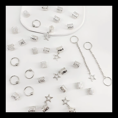 32pcs Silver Star Dreadlock & Braid Cuff Set – Celestial Hair Lock Jewellery