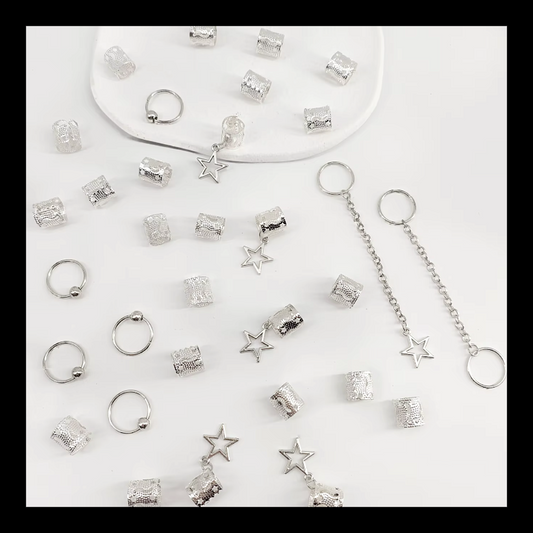 32pcs Silver Star Dreadlock & Braid Cuff Set – Celestial Hair Lock Jewellery