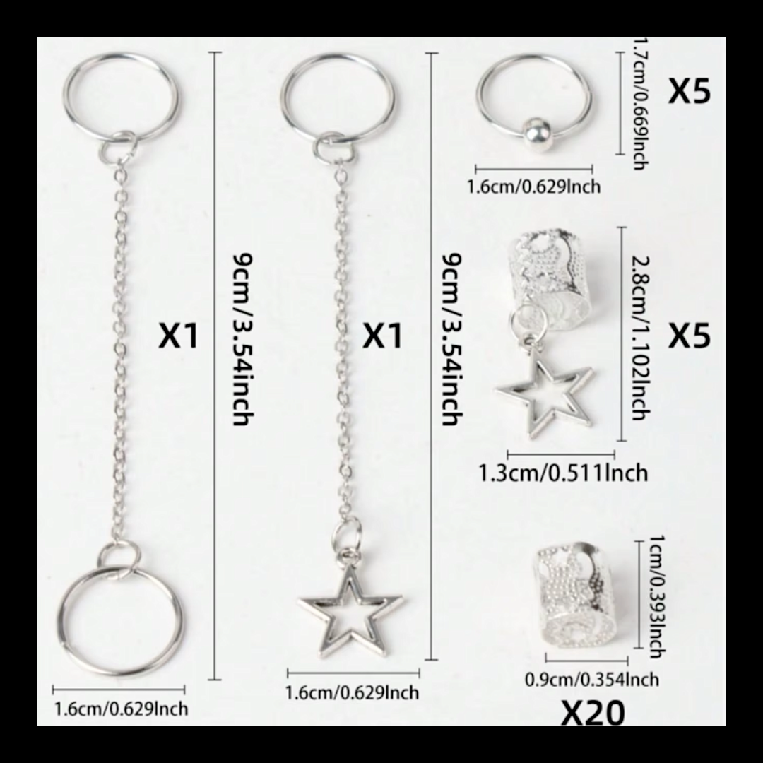 32pcs Silver Star Dreadlock & Braid Cuff Set – Celestial Hair Lock Jewellery