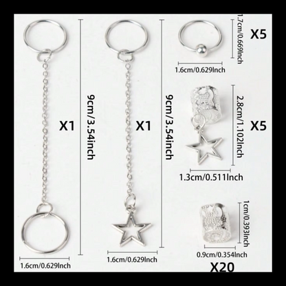 32pcs Silver Star Dreadlock & Braid Cuff Set – Celestial Hair Lock Jewellery