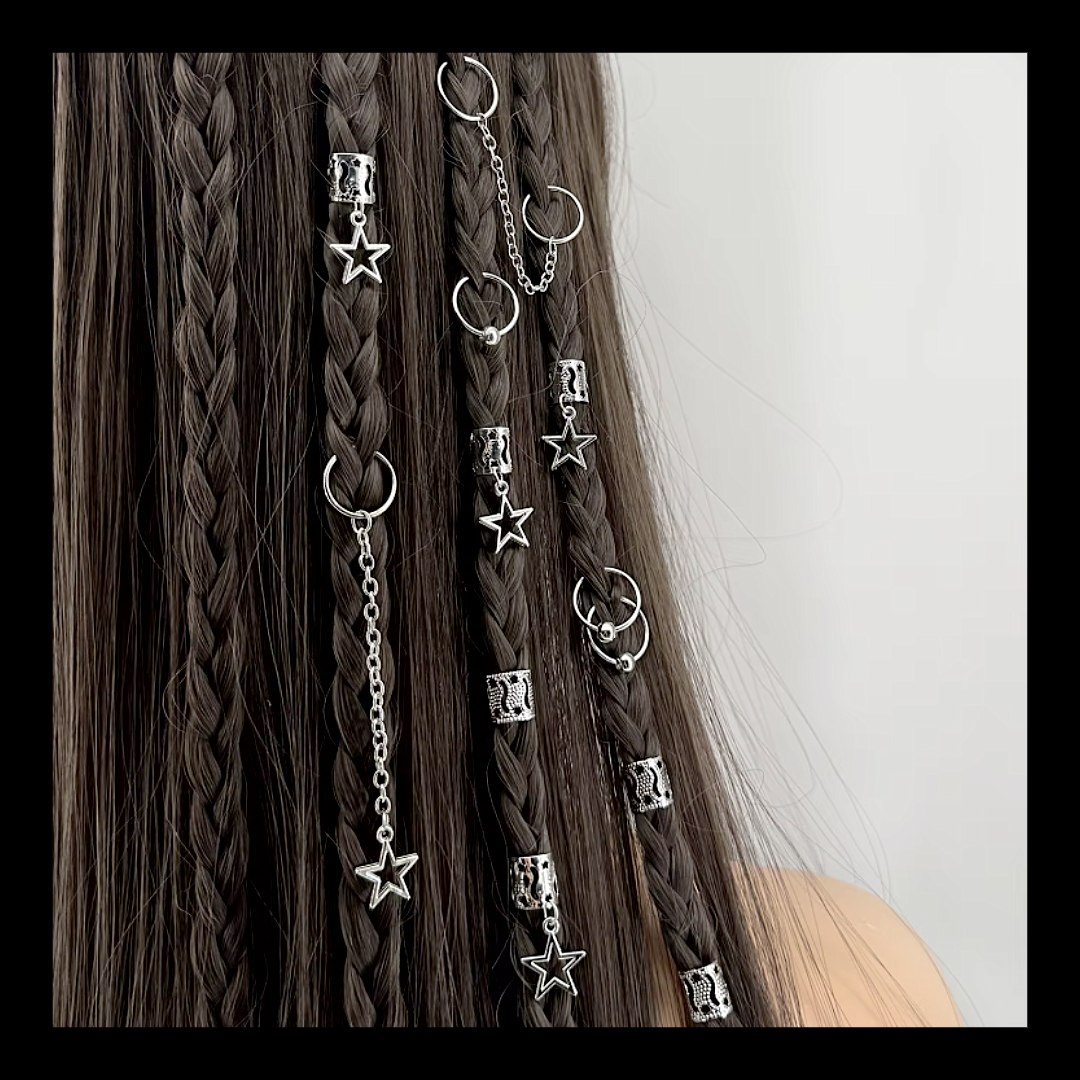 32pcs Silver Star Dreadlock & Braid Cuff Set – Celestial Hair Lock Jewellery