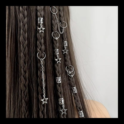 32pcs Silver Star Dreadlock & Braid Cuff Set – Celestial Hair Lock Jewellery