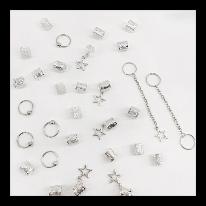 32pcs Silver Star Dreadlock & Braid Cuff Set – Celestial Hair Lock Jewellery