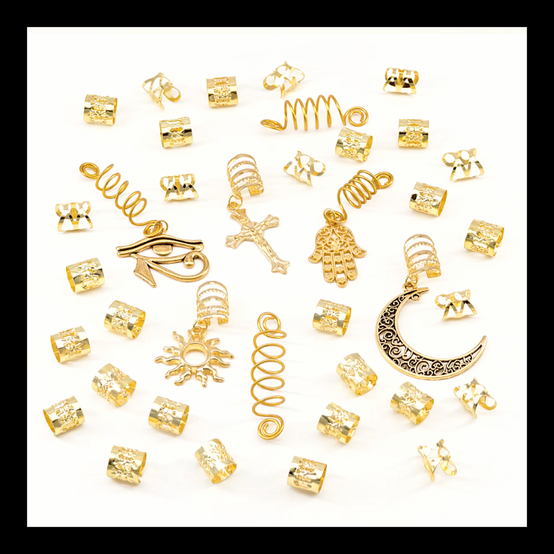 37pcs Gold Dreadlock & Braid Cuff Set – Celestial & Symbolic Hair Lock Jewellery