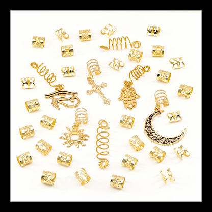37pcs Gold Dreadlock & Braid Cuff Set – Celestial & Symbolic Hair Lock Jewellery