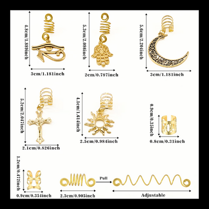 37pcs Gold Dreadlock & Braid Cuff Set – Celestial & Symbolic Hair Lock Jewellery