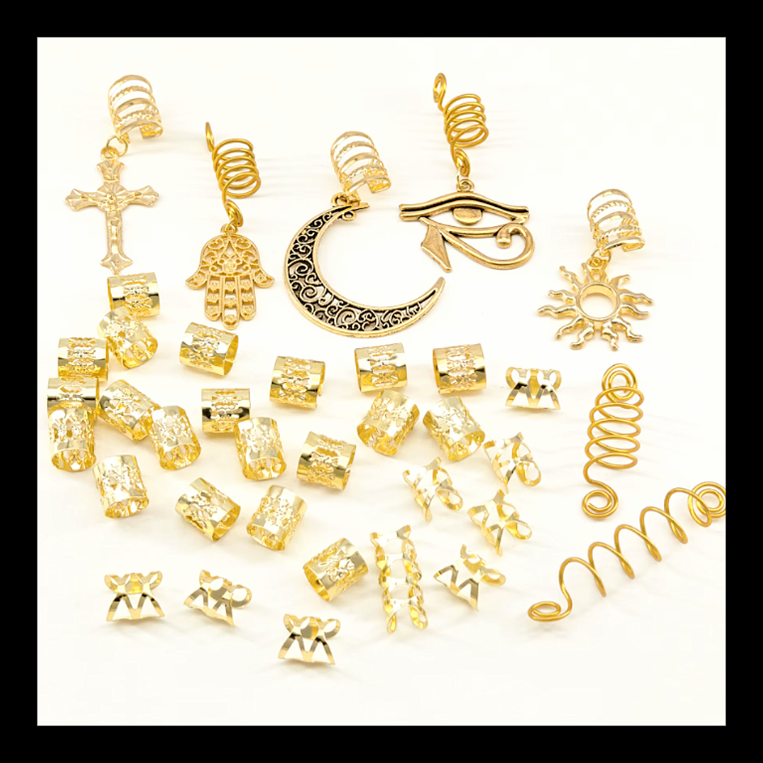 37pcs Gold Dreadlock & Braid Cuff Set – Celestial & Symbolic Hair Lock Jewellery