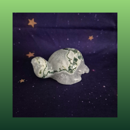 Druzy Moss Agate Turtle Carving – 140g