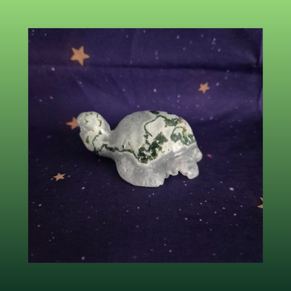 Druzy Moss Agate Turtle Carving – 140g