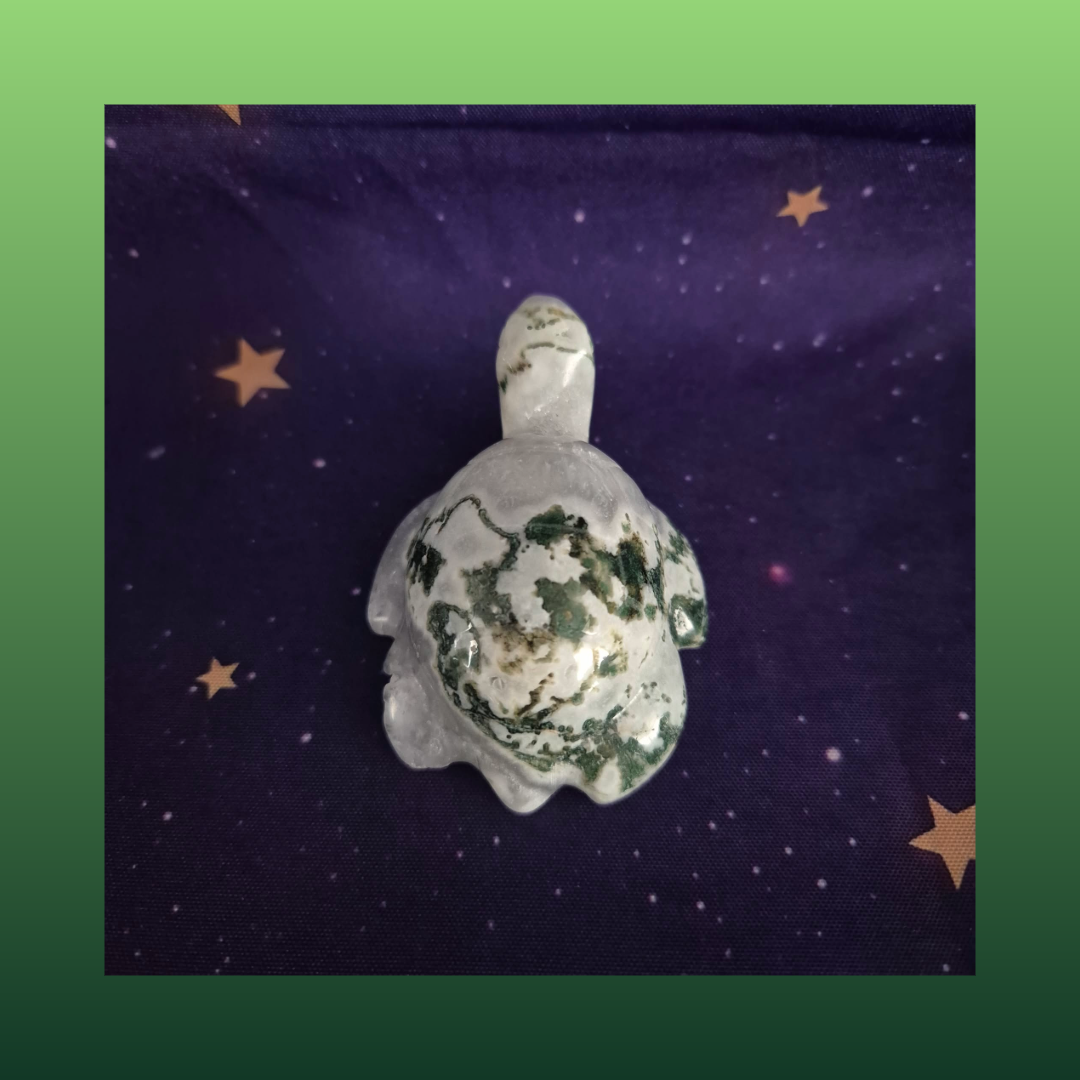 Druzy Moss Agate Turtle Carving – 140g