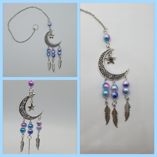 Moon and star love you hanging ornament with beads and feather detail