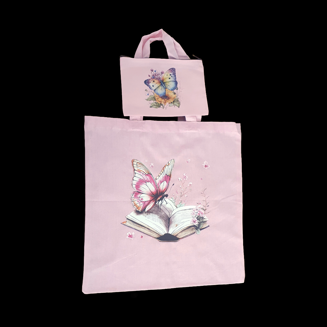 Pink tote bag and zip case set with floral book butterfly design