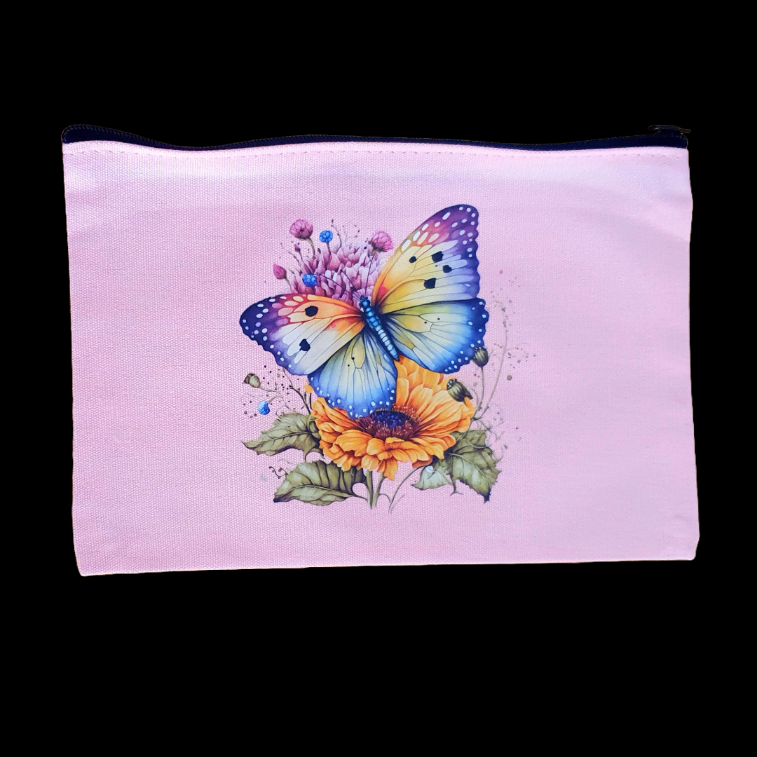 Pink tote bag and zip case set with floral book butterfly design