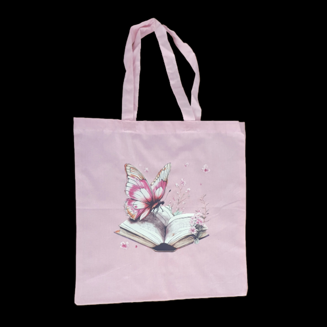 Pink tote bag and zip case set with floral book butterfly design