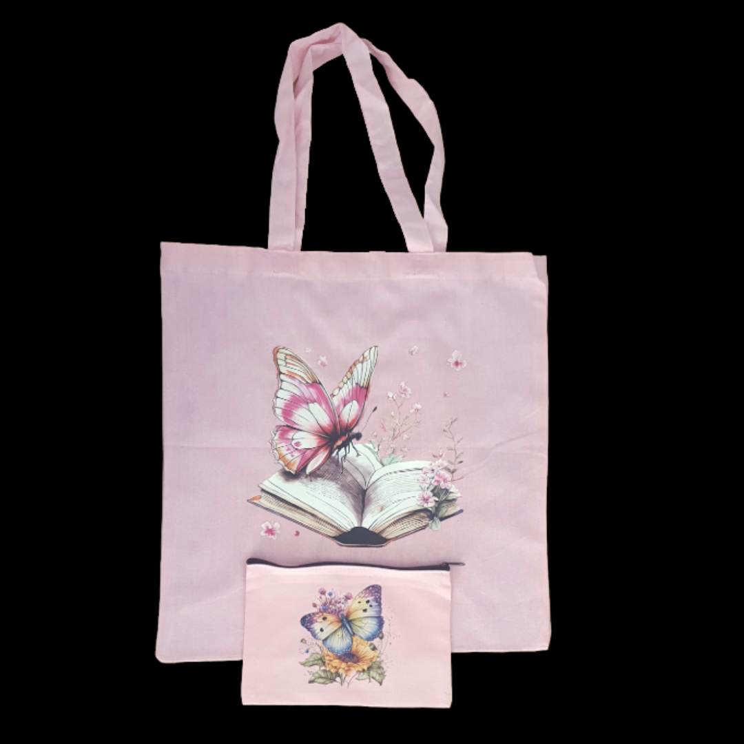 Pink tote bag and zip case set with floral book butterfly design