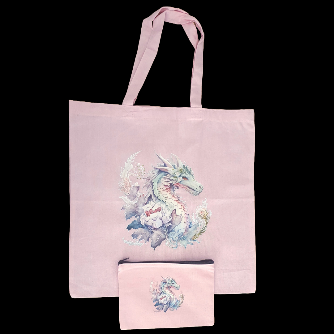 Floral dragon pink tote bag and zip case set