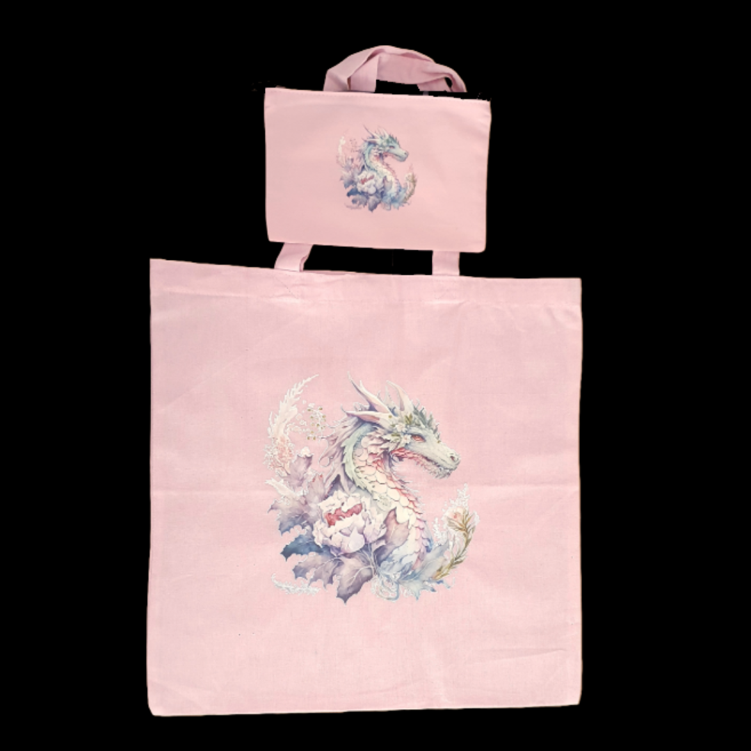 Floral dragon pink tote bag and zip case set