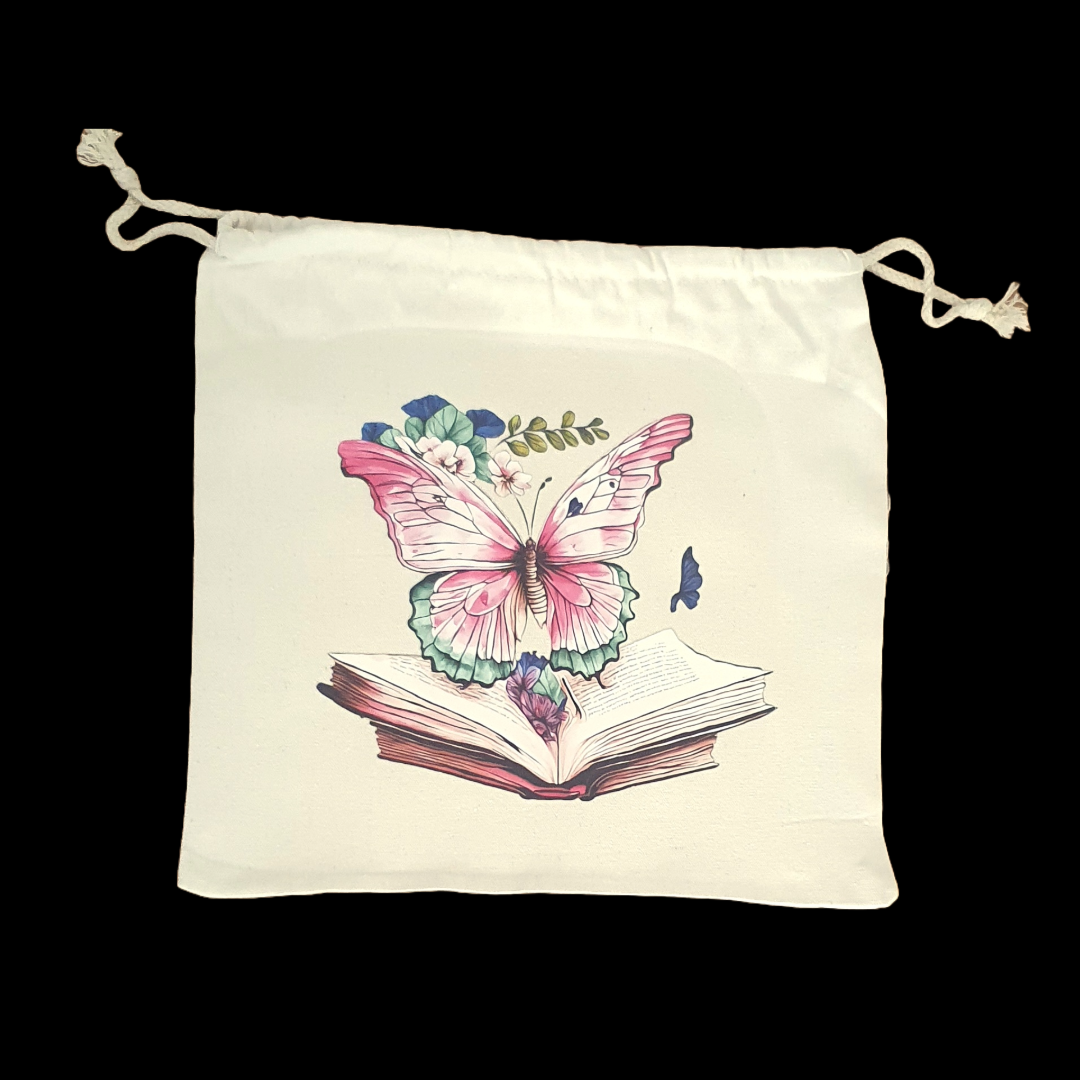 Butterfly and book drawstring bag and butterfly zip case set