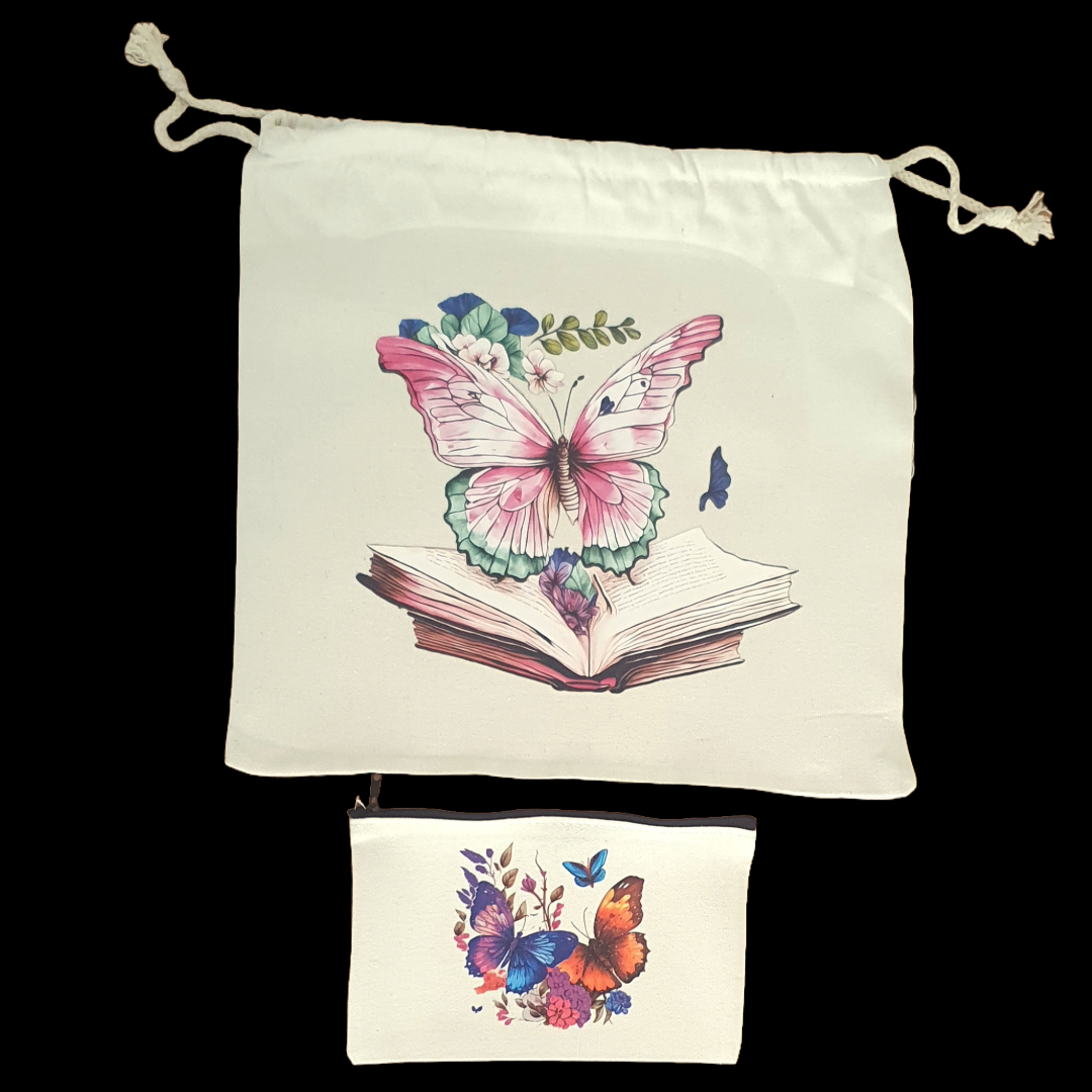 Butterfly and book drawstring bag and butterfly zip case set