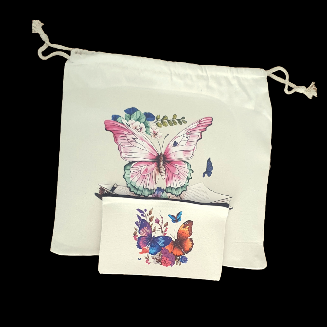 Butterfly and book drawstring bag and butterfly zip case set