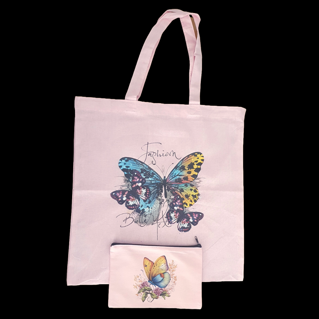 Fashion butterfly pink tote bag and zip case set