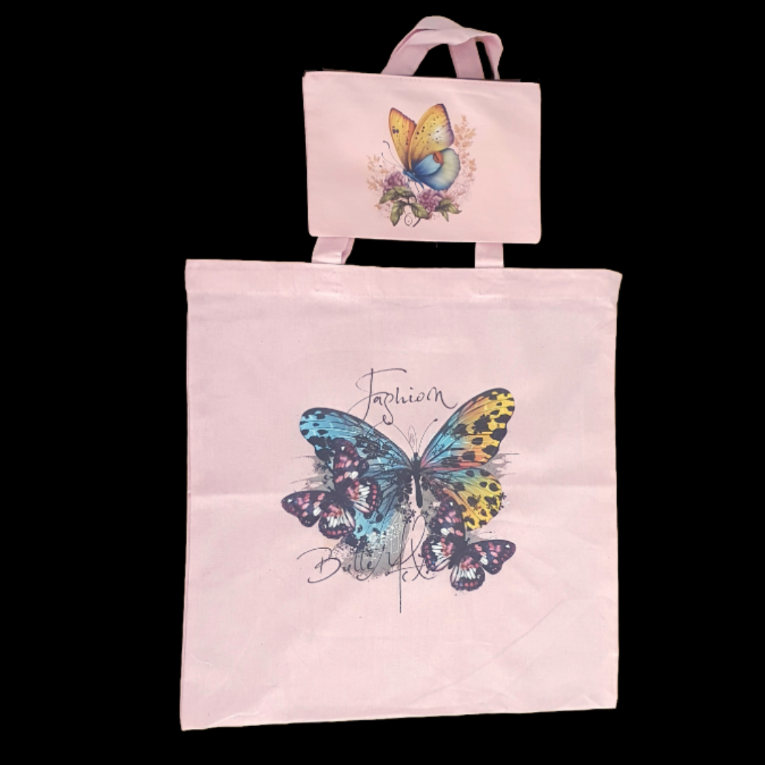 Fashion butterfly pink tote bag and zip case set