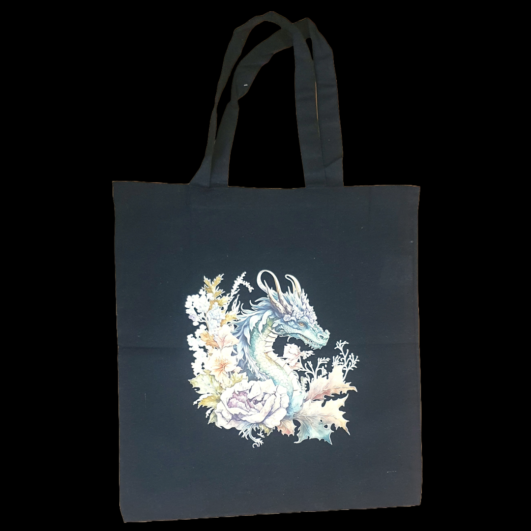 Dragon floral design black tote bag and matching zip case set